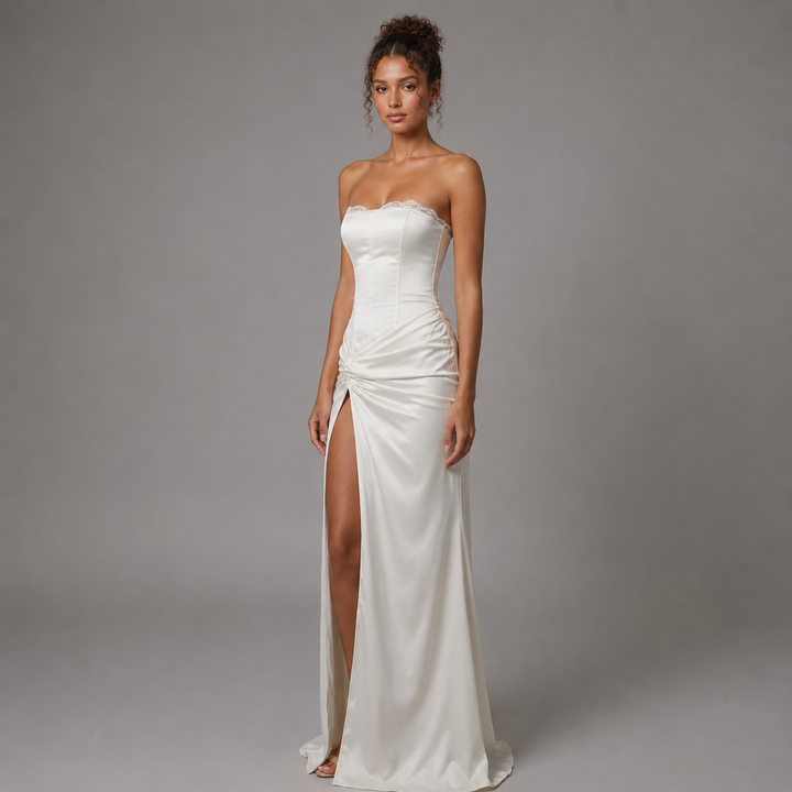 Own | White Strapless Corset High Slit Maxi Dress