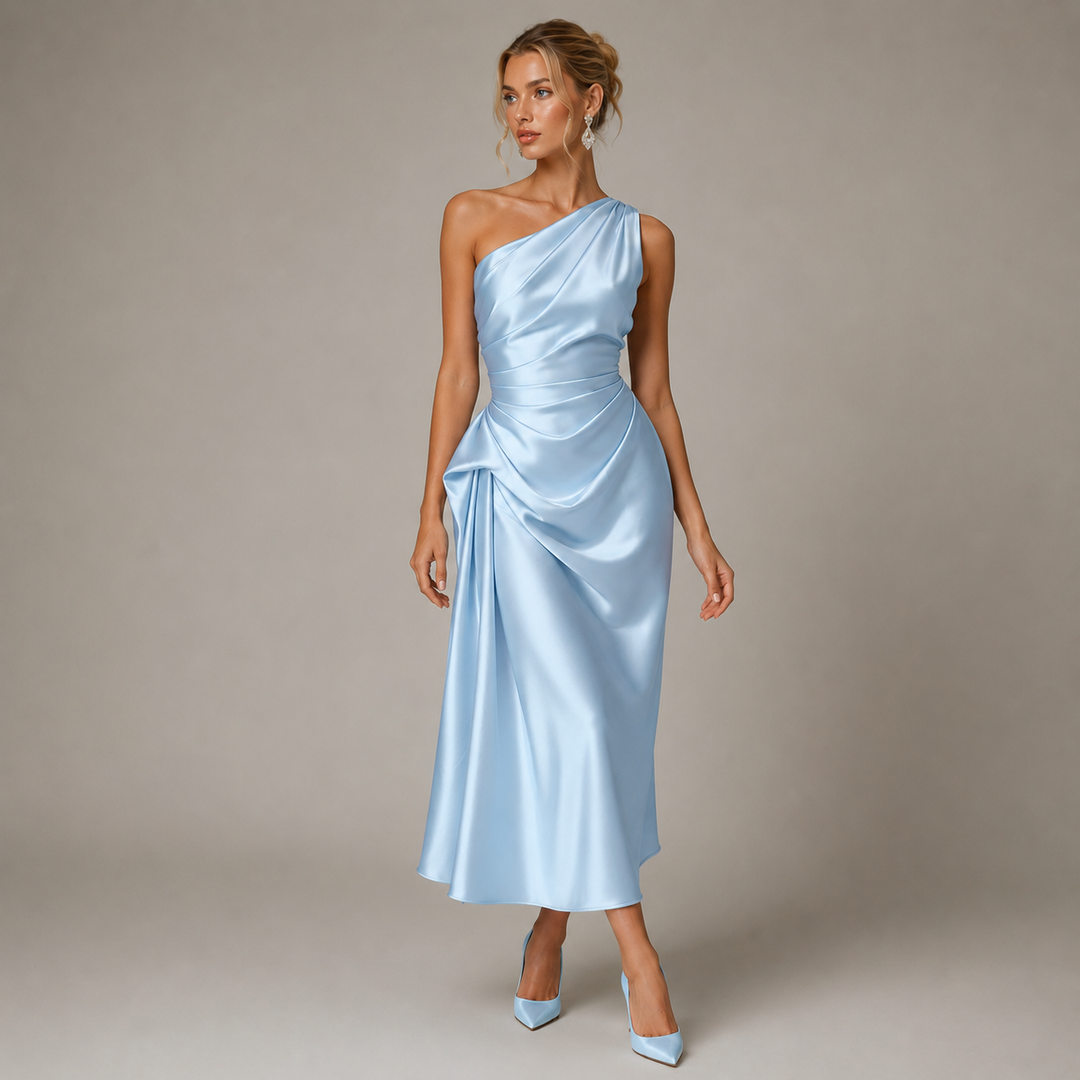 Calm | Blue Satin One Shoulder Ruched Midi Dress