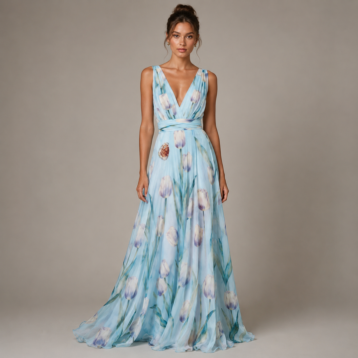 Whisk | Sky Blue Tulip Floral Chiffon V Neck Maxi Dress