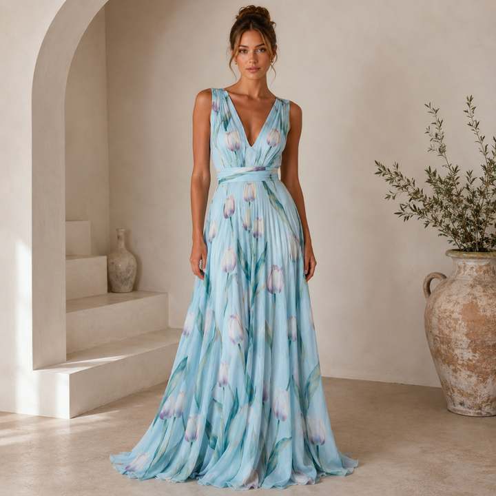 Whisk | Sky Blue Tulip Floral Chiffon V Neck Maxi Dress
