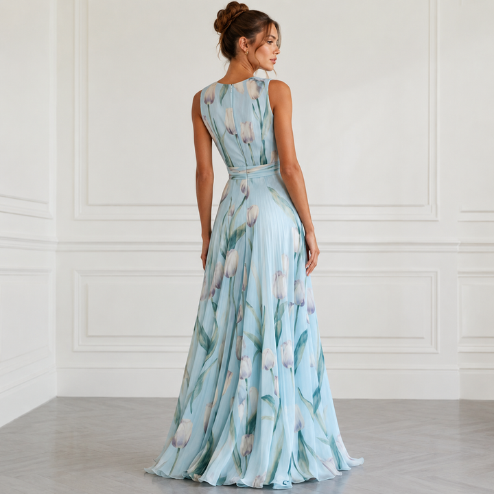 Whisk | Sky Blue Tulip Floral Chiffon V Neck Maxi Dress