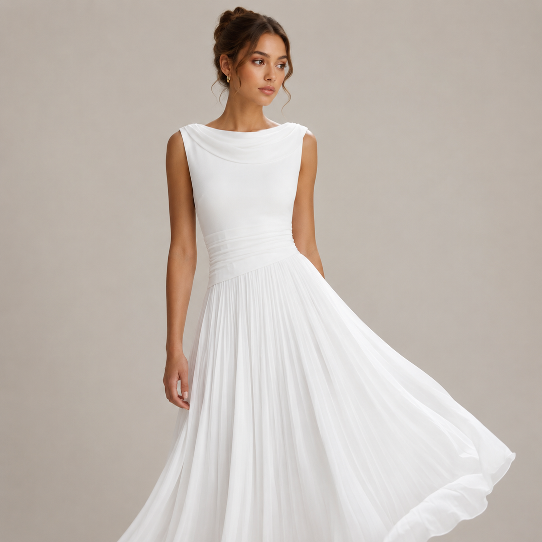 Drape | White Ruched Waist Pleated Midi Dress