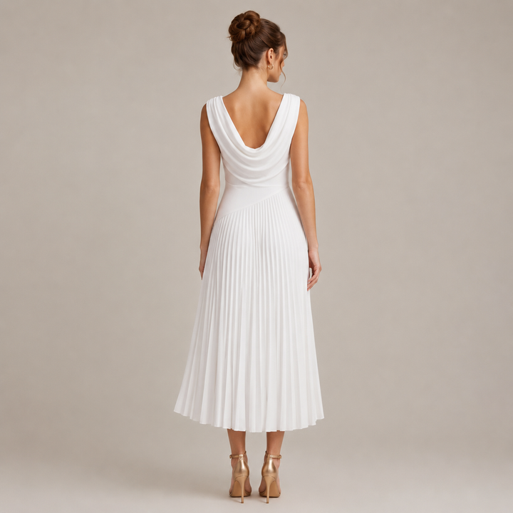 Drape | White Ruched Waist Pleated Midi Dress