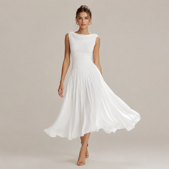 Drape | White Ruched Waist Pleated Midi Dress