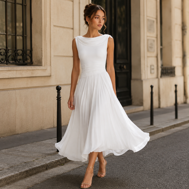 Drape | White Ruched Waist Pleated Midi Dress