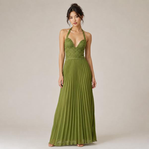 Waltz | Olive Green Lace Corset Halterneck Pleated Maxi Dress