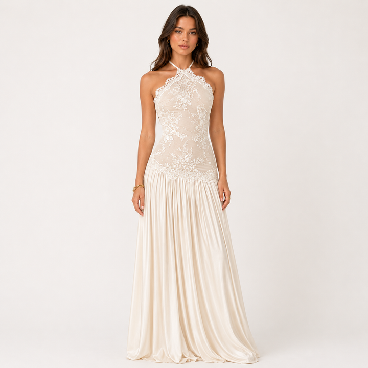 Once | Ivory Lace Floral Halter Maxi Dress