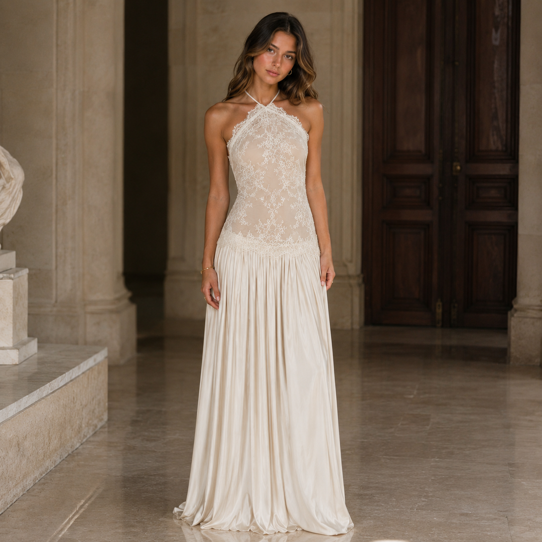 Once | Ivory Lace Floral Halter Maxi Dress
