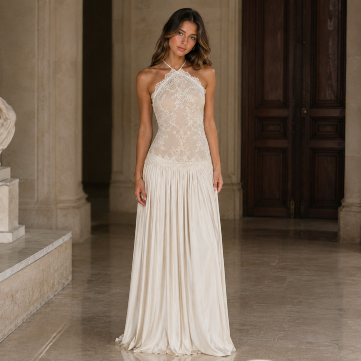 Once | Ivory Lace Floral Halter Maxi Dress