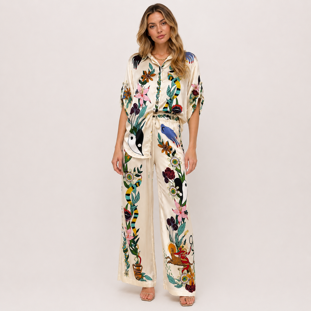 Roam | Cream Floral Satin Shirt &amp; Wide Leg Pants Two Piece Set