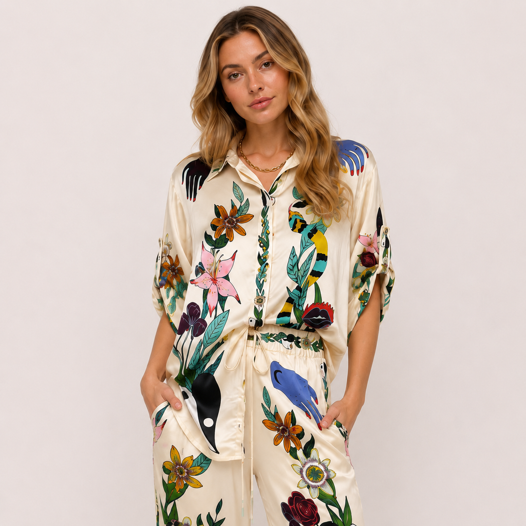 Roam | Cream Floral Satin Shirt &amp; Wide Leg Pants Two Piece Set