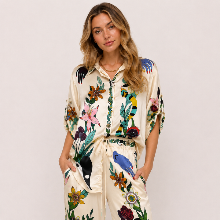Roam | Cream Floral Satin Shirt &amp; Wide Leg Pants Two Piece Set