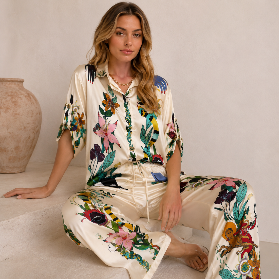 Roam | Cream Floral Satin Shirt &amp; Wide Leg Pants Two Piece Set