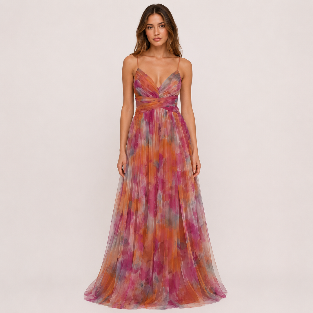 Wash | Pink Floral Tulle V Neck A Line Maxi Dress