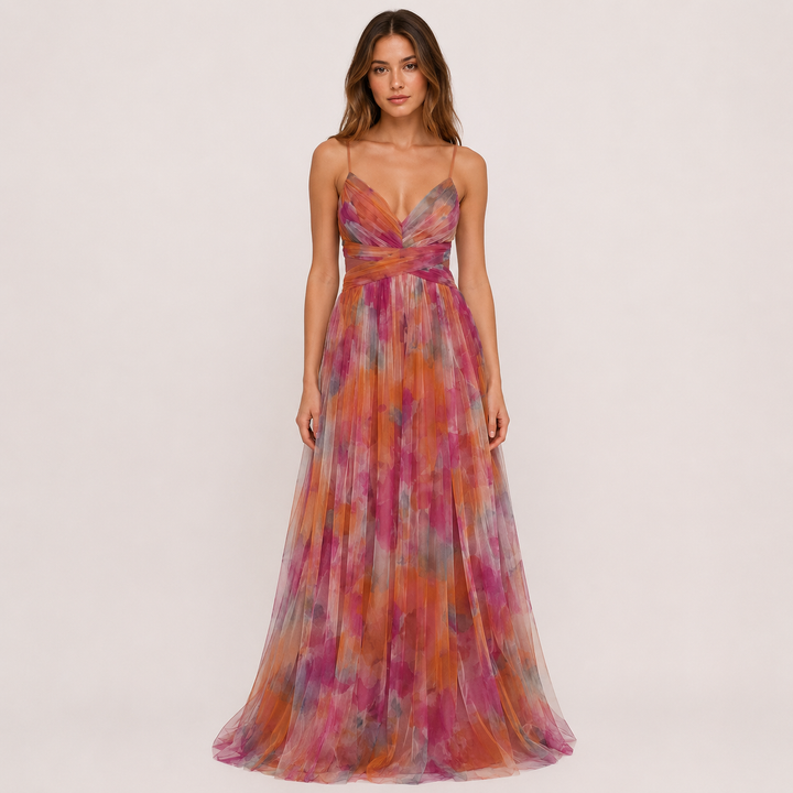 Wash | Pink Floral Tulle V Neck A Line Maxi Dress