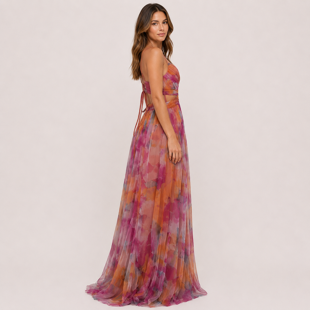 Wash | Pink Floral Tulle V Neck A Line Maxi Dress