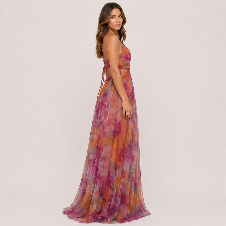 Wash | Pink Floral Tulle V Neck A Line Maxi Dress
