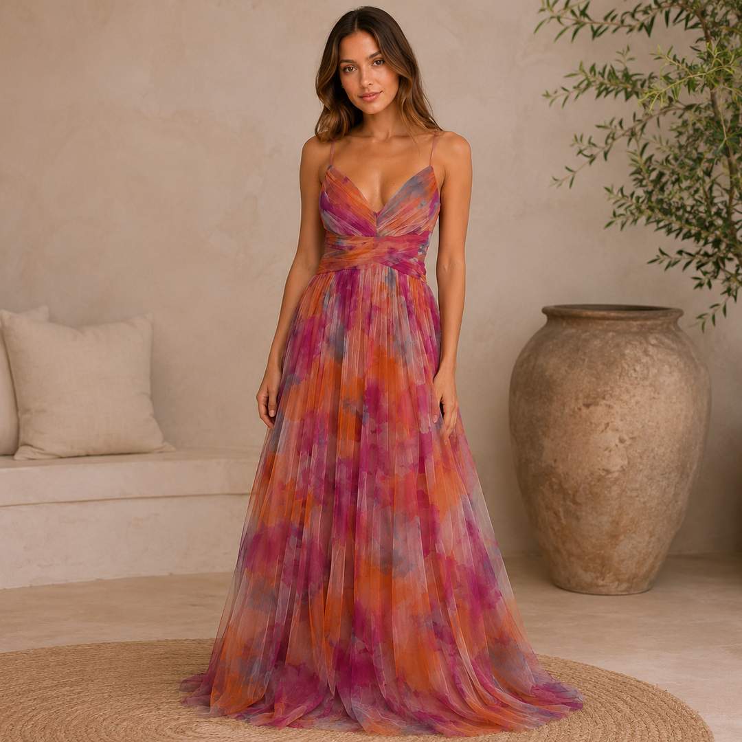 Wash | Pink Floral Tulle V Neck A Line Maxi Dress