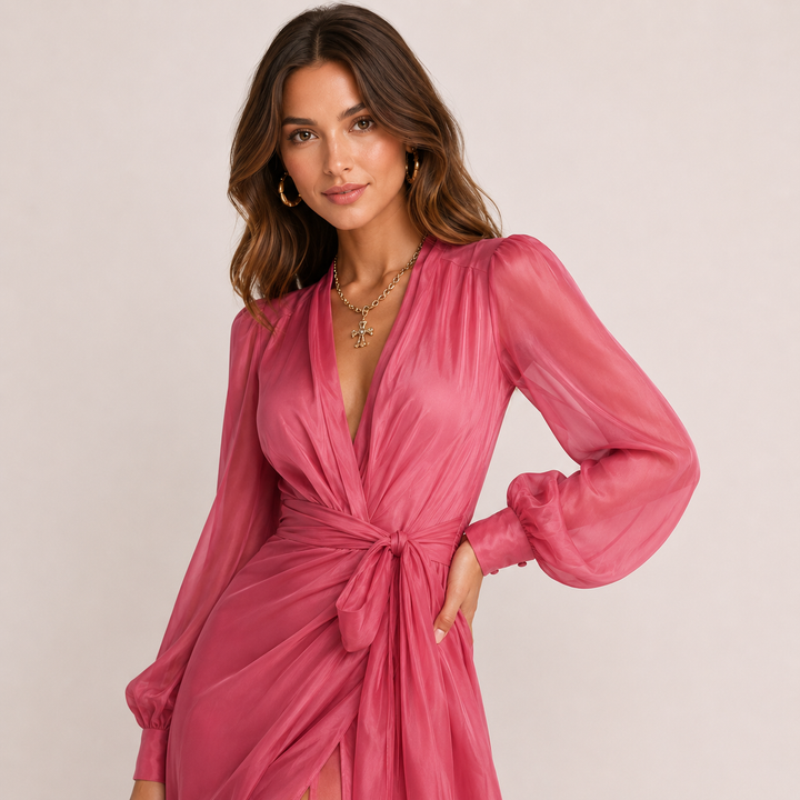 Flare | Pink Chiffon V Neck Long Sleeve Wrap Maxi Dress
