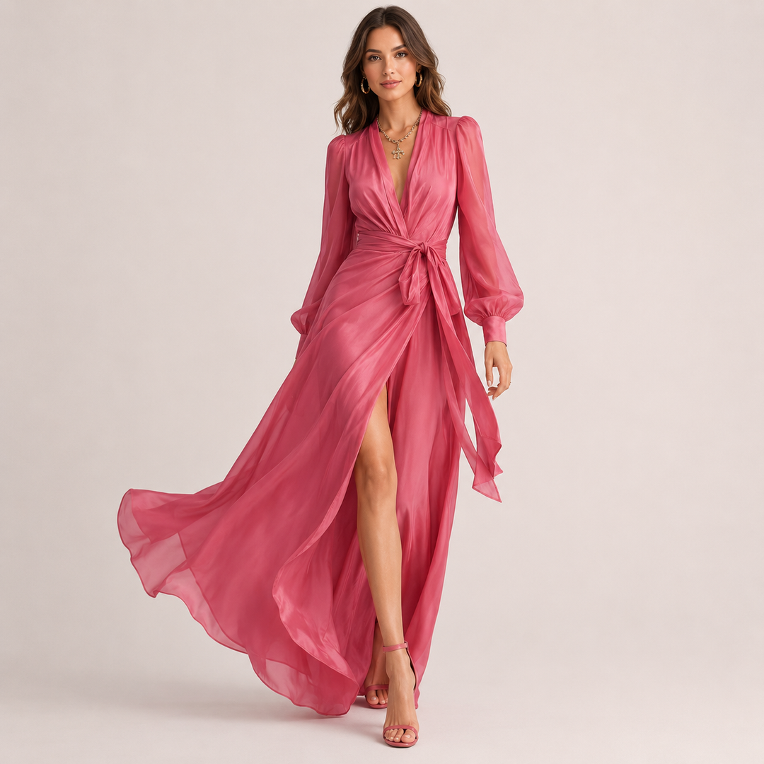 Flare | Pink Chiffon V Neck Long Sleeve Wrap Maxi Dress
