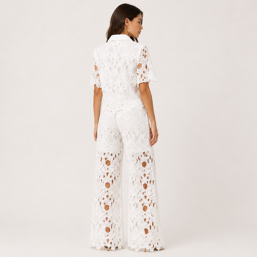 Frill | White Cutout Lace Shirt &amp; Wide-Leg Pants Set