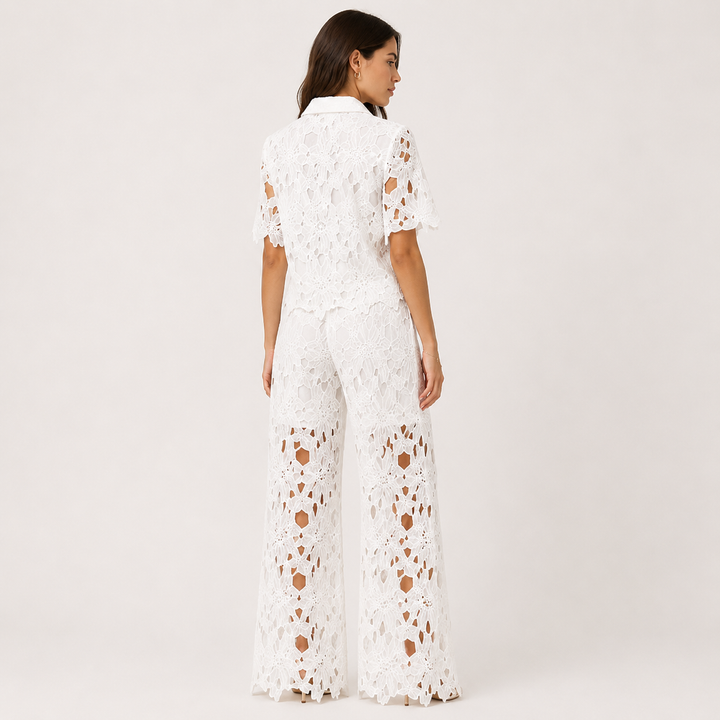Frill | White Cutout Lace Shirt &amp; Wide-Leg Pants Set