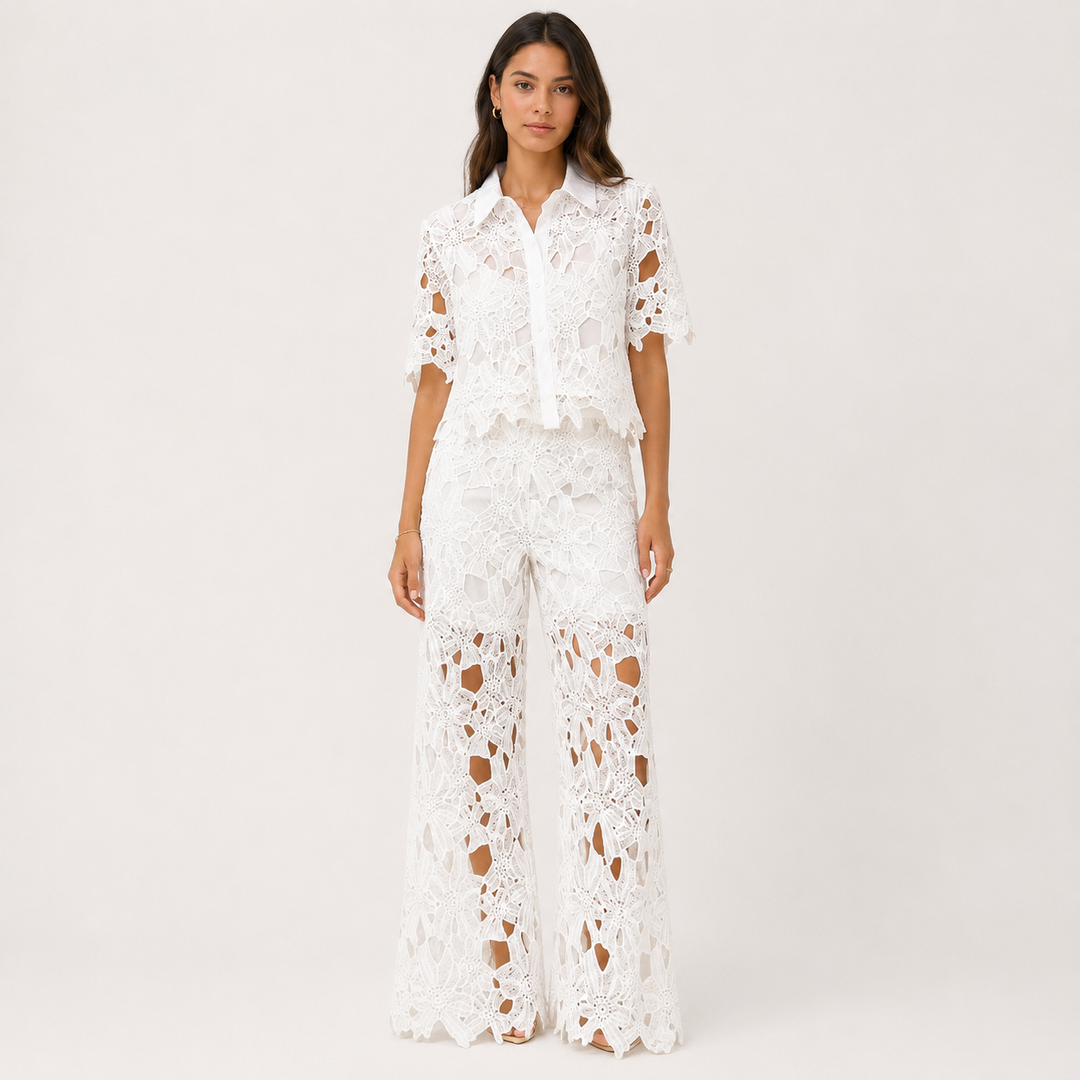 Frill | White Cutout Lace Shirt &amp; Wide-Leg Pants Set