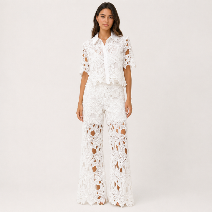 Frill | White Cutout Lace Shirt &amp; Wide-Leg Pants Set