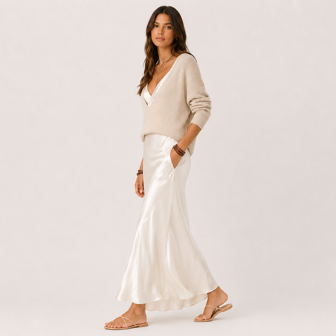 Whim | Cream Knit Sweater &amp; Satin Slip Dress Set