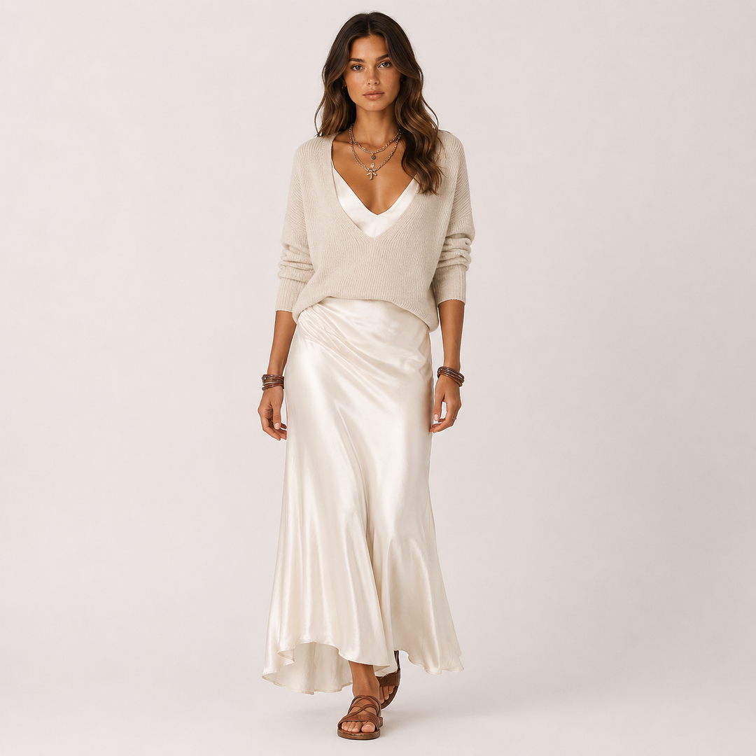 Whim | Cream Knit Sweater &amp; Satin Slip Dress Set