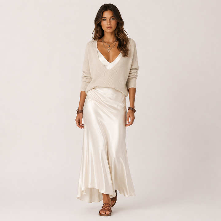 Whim | Cream Knit Sweater &amp; Satin Slip Dress Set