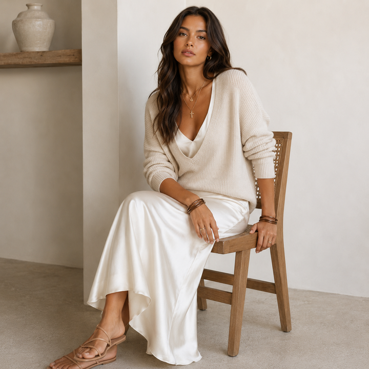 Whim | Cream Knit Sweater &amp; Satin Slip Dress Set