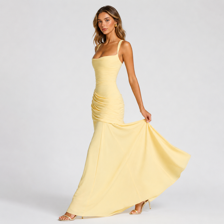 Rise | Butter Yellow Square Neck Ruched Maxi Dress