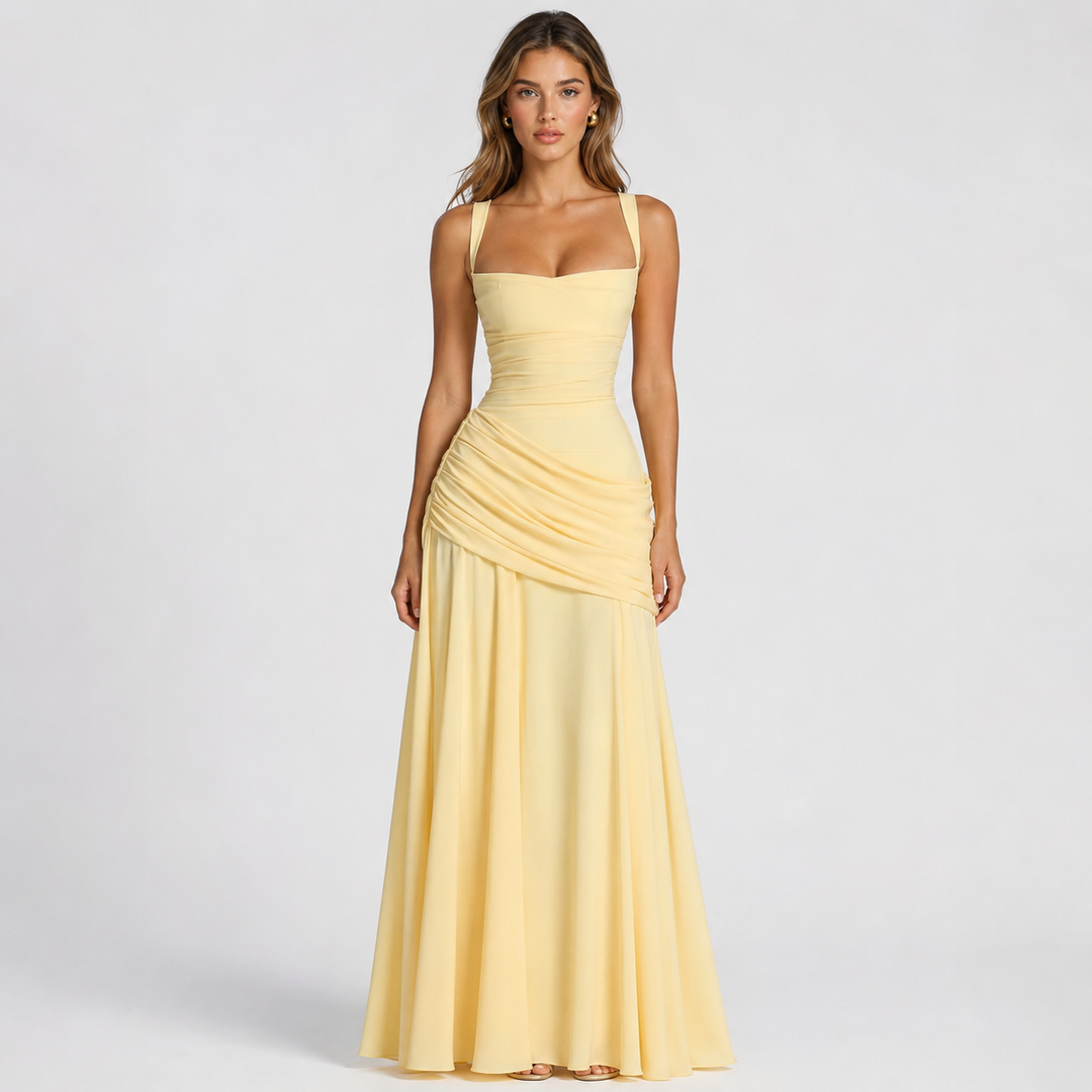 Rise | Butter Yellow Square Neck Ruched Maxi Dress
