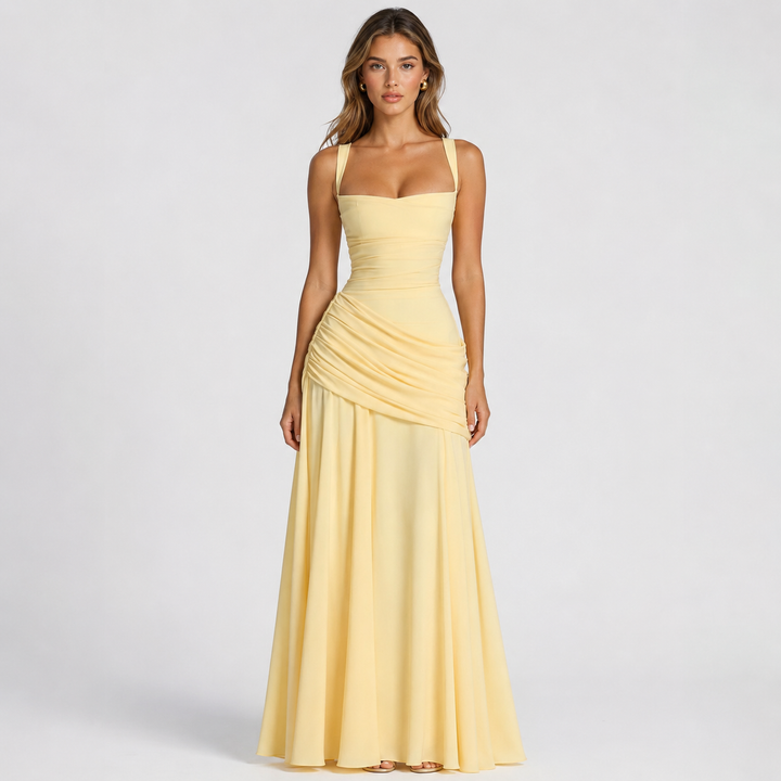 Rise | Butter Yellow Square Neck Ruched Maxi Dress