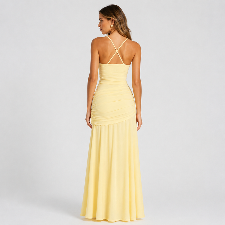 Rise | Butter Yellow Square Neck Ruched Maxi Dress