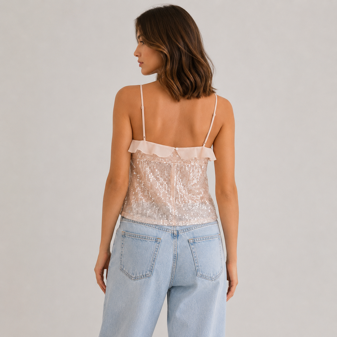 Spark | Champagne Sequin Ruffle Bow Cami Top