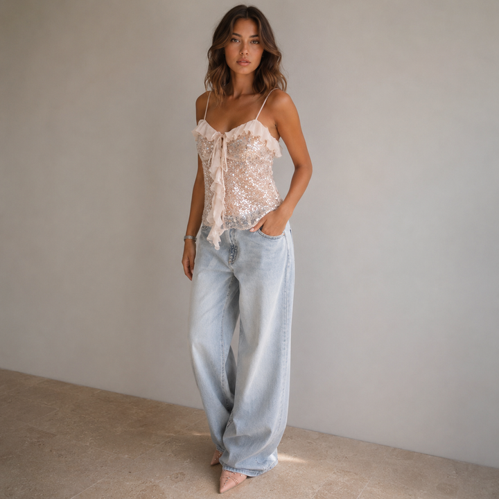 Spark | Champagne Sequin Ruffle Bow Cami Top