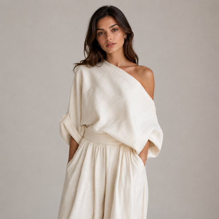 Ease | Cream One Shoulder Draped Wide Leg Pants Set