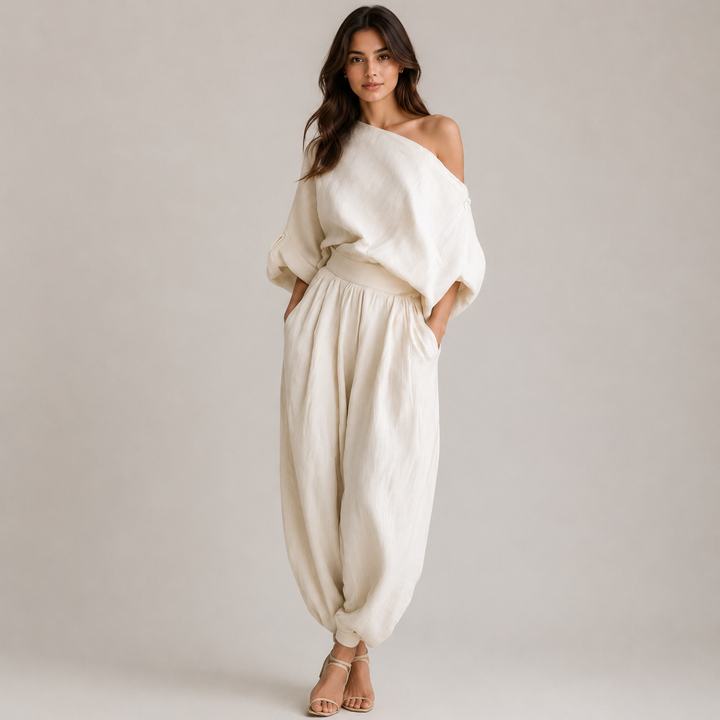 Ease | Cream One Shoulder Draped Wide Leg Pants Set