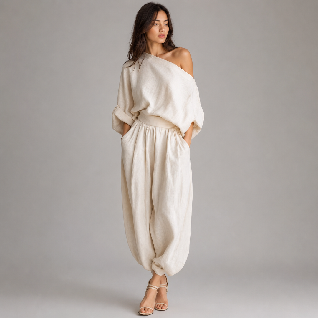 Ease | Cream One Shoulder Draped Wide Leg Pants Set