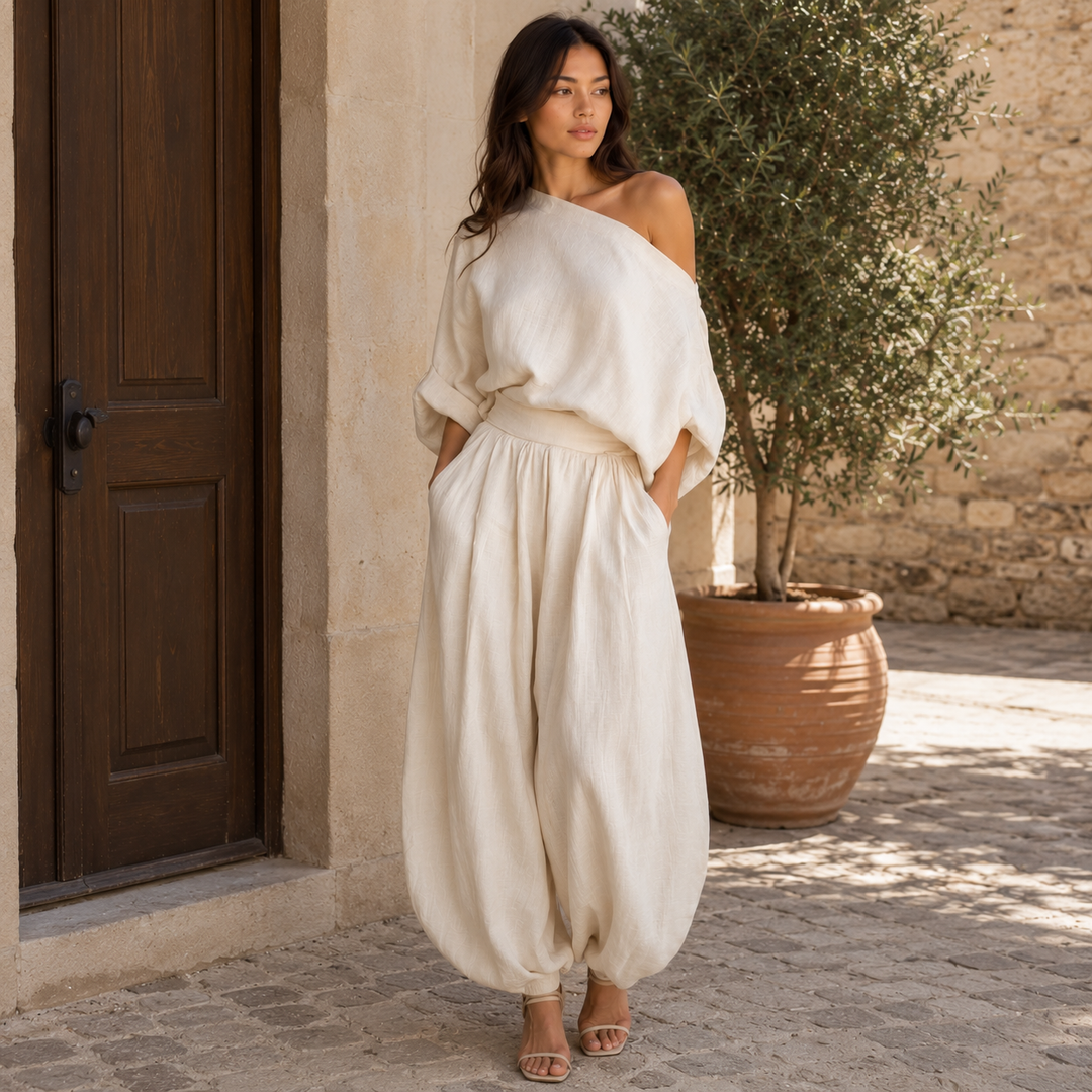 Ease | Cream One Shoulder Draped Wide Leg Pants Set