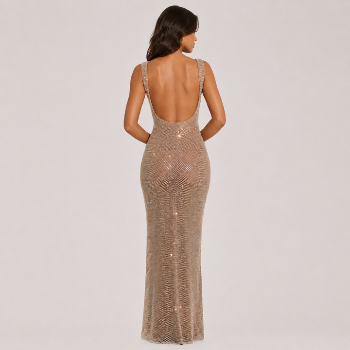 Glint | Champagne Rhinestone Mesh Maxi Dress