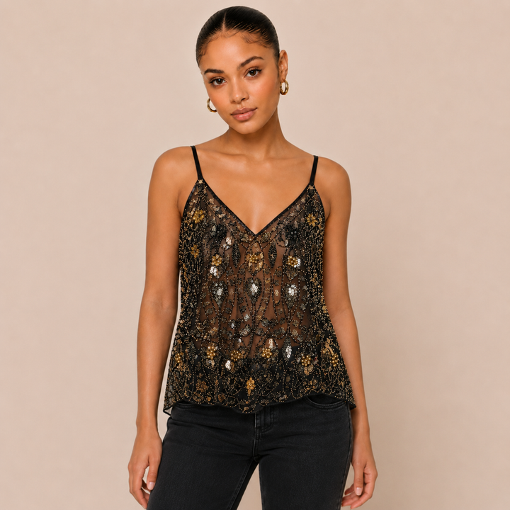 Blink | Black Gold Sequin Beaded V Neck Mesh Top