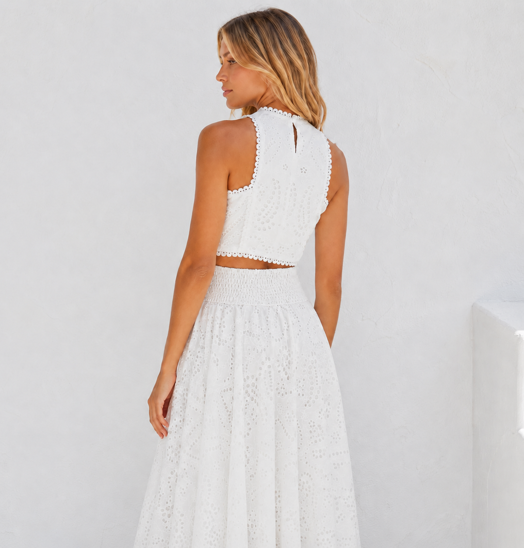 Sigh | White Floral Cutout Crop Top Maxi Skirt Two Piece Set