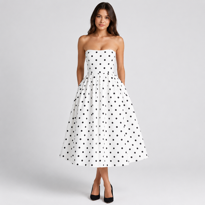 Reel | Polka Dot Strapless A Line Midi Dress
