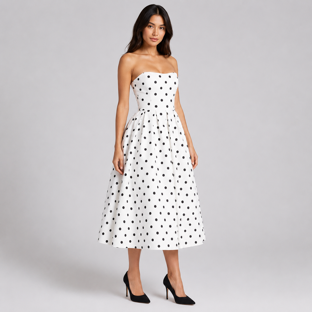 Reel | Polka Dot Strapless A Line Midi Dress