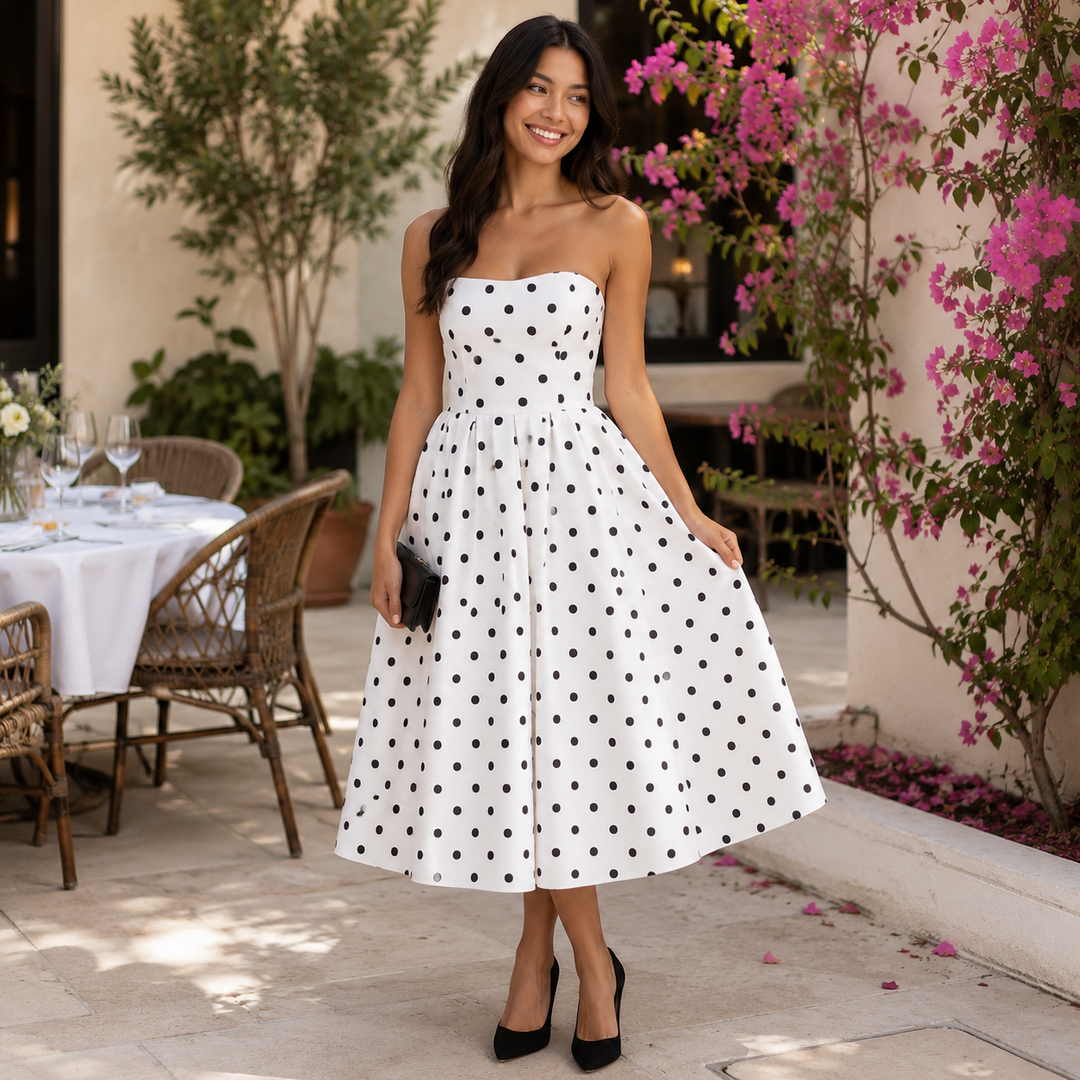 Reel | Polka Dot Strapless A Line Midi Dress