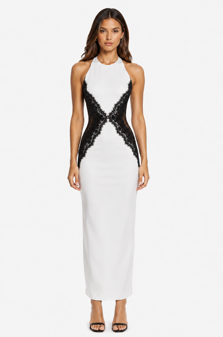 Trace | White Black Lace Halter Open Back Maxi Dress