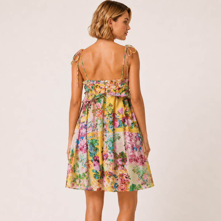 Kiss | Yellow Floral Babydoll Tie Strap Mini Dress